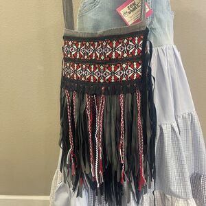 Gray, Black & Red Handmade, Native Inspired Crossbody Bag with Fringe